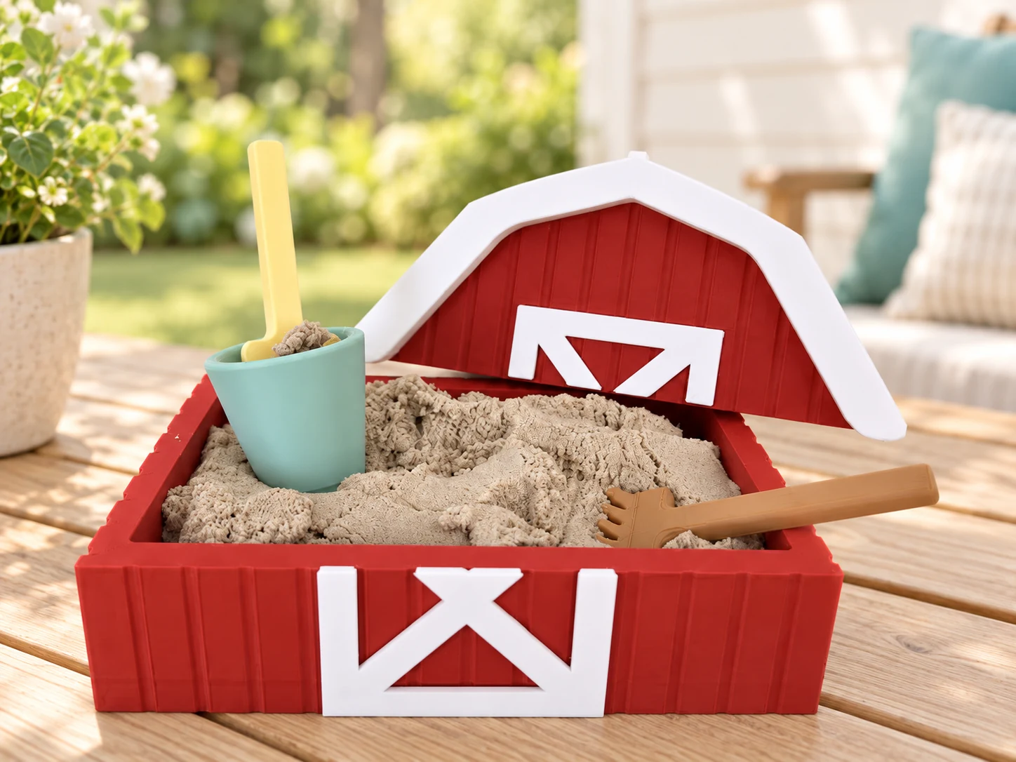 Red barn sandbox with sand and miniature tools on a patio table.