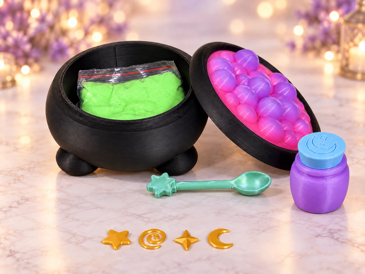 Enchanted Potion kit: open cauldron with green sand, rainbow bubble lid, potion bottle, Spell Spoon, and four golden charms.