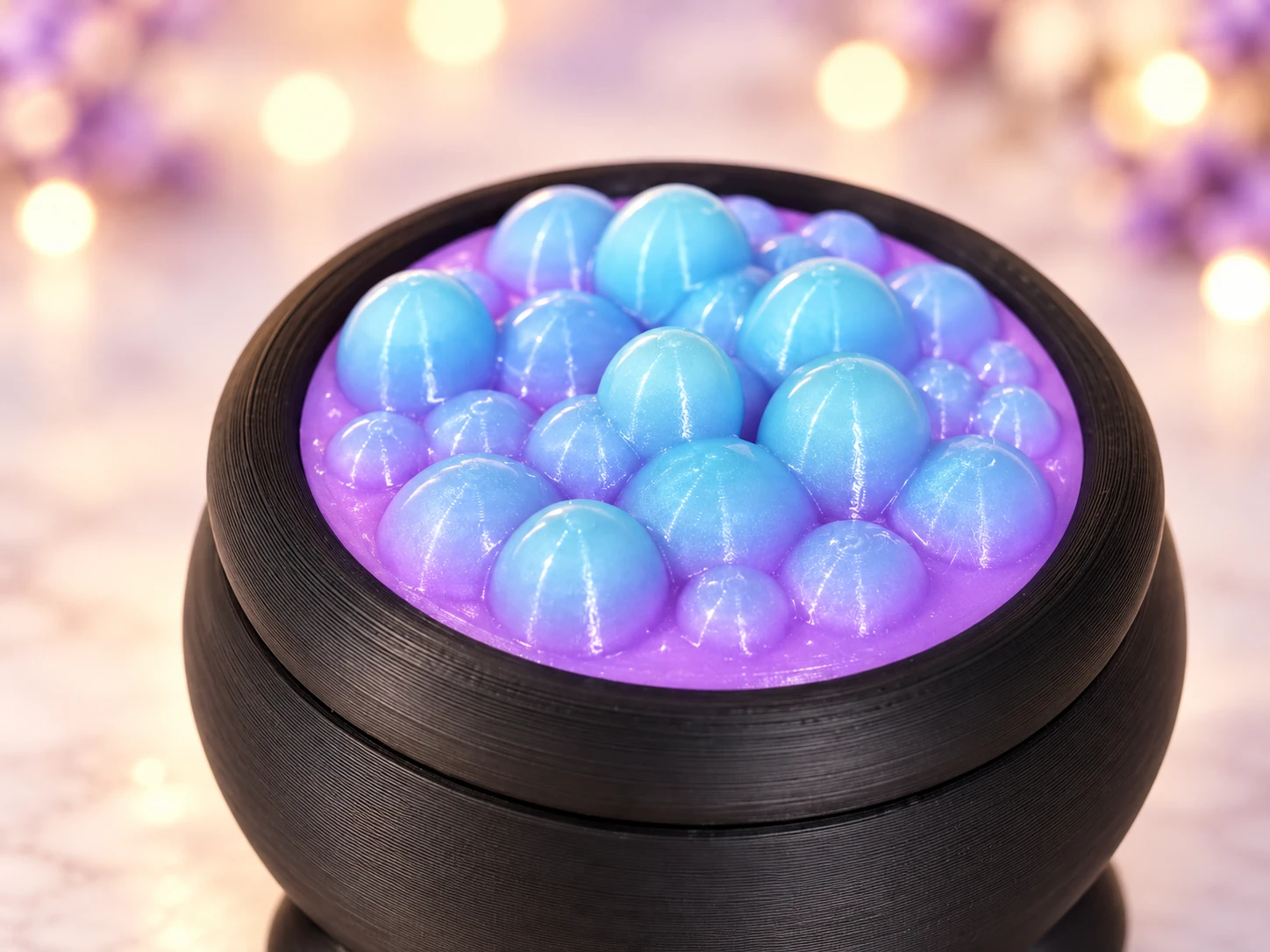 Close-up of the cauldron’s blue and purple bubble top and visible printed texture.