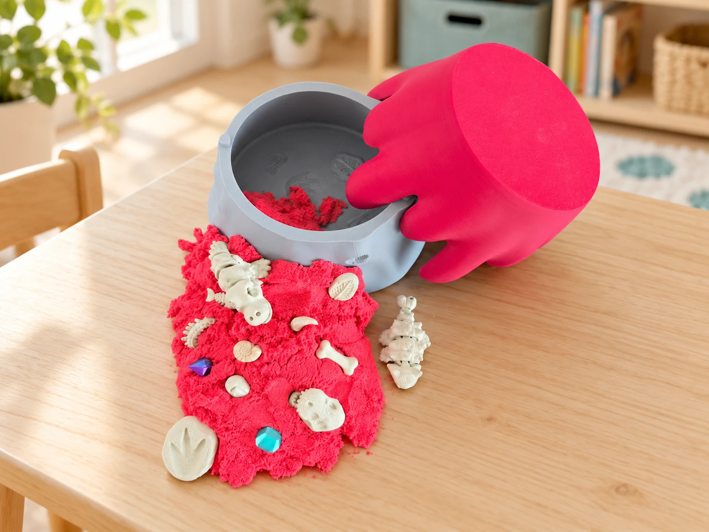 Dino Dig volcano sandbox with red sand and accessories on a playroom table.