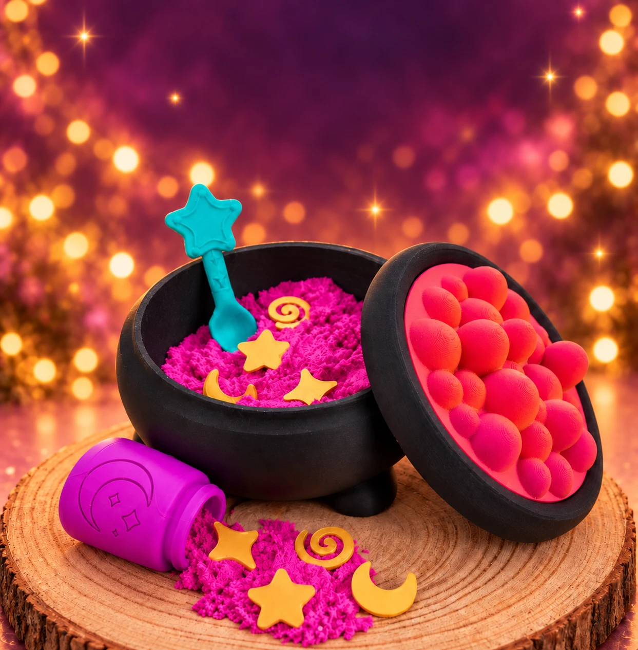 Enchanted Potion playset in example colors, with a black cauldron, pink sand, teal Spell Spoon, potion bottle, golden charms and bubble lid against a sparkly background.