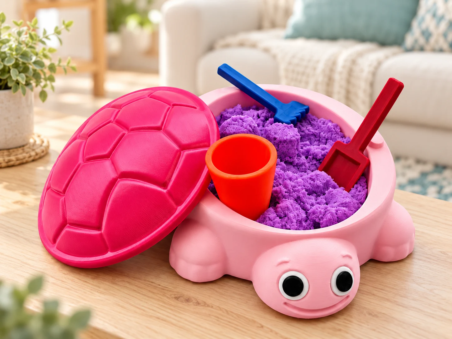 Pink turtle sandbox in a living room setting, with its shell lid open beside purple sand, a miniature rake, shovel, and bucket.